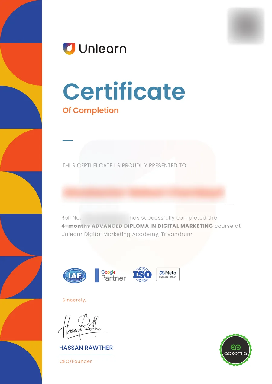 Real Unlearn Academy certificate of completion, with the student's name and roll number blurred